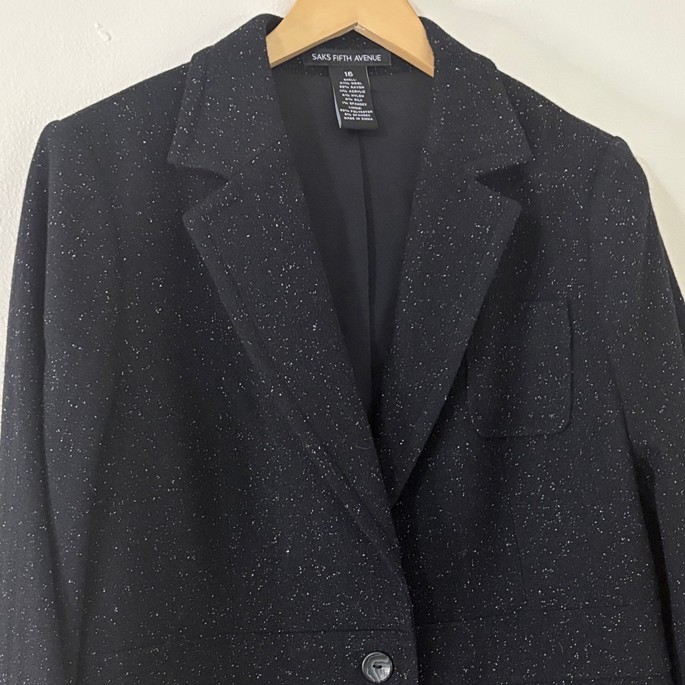 Saks Fifth Avenue Wool Silk Blazer Black White Old Money Preppy Academia Size 16